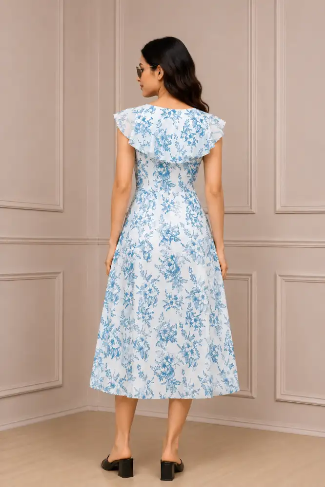 Western Floral Printed One Piece Dress for Women midi Back